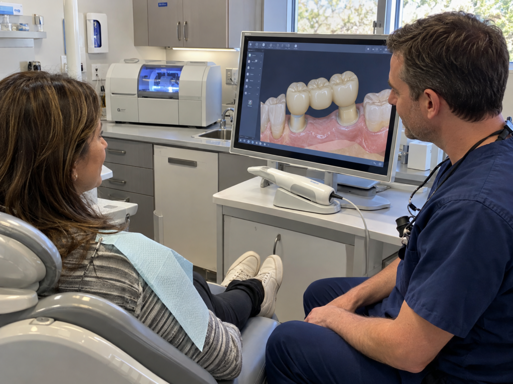 Dentist and patient review a digital three-unit dental bridge design beside chairside scanning and milling equipment.